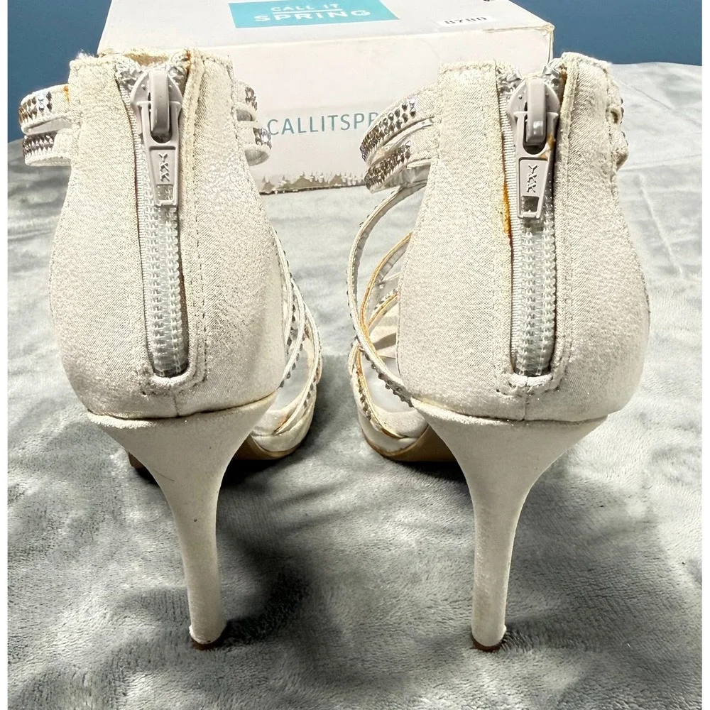 Call It Spring Chloe Sandals Womens 6 Ivory Rhinestone Strappy Heels